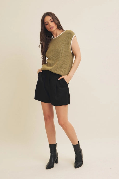 CONTRAST EDGE KNIT SWEATER-MATCHA