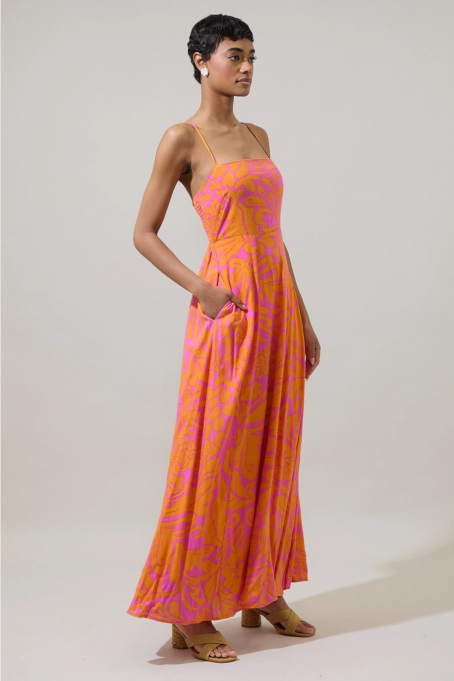 KACI FLORAL SMOCKED MAXI DRESS-FUCHSIA/ORANGE