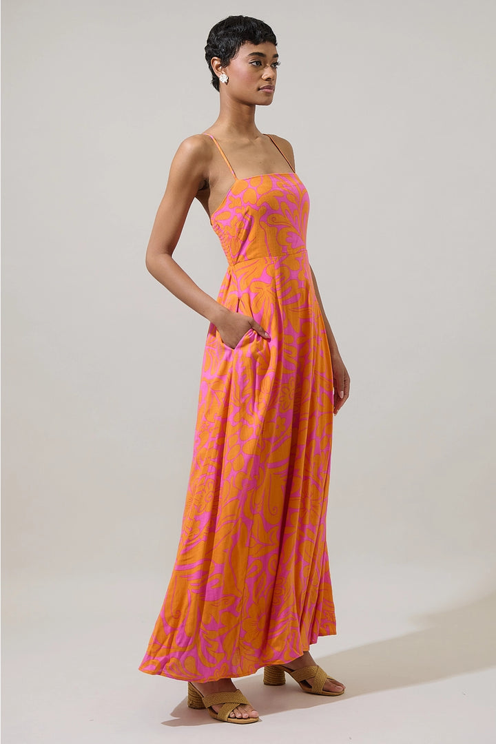 KACI FLORAL SMOCKED MAXI DRESS-FUCHSIA/ORANGE
