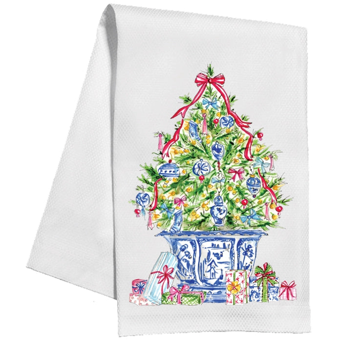 White towel with a Christmas tree in a chinoiserie pot and ornaments design featuring ornaments and presents on a white background