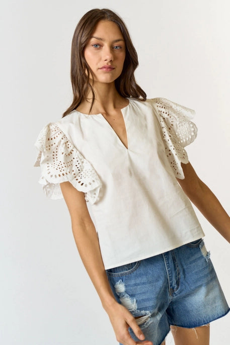 COTTON EYELET RUFFLE SLEEVE TOP-OFF WHITE