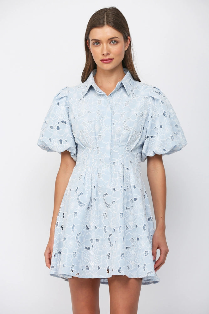 CUT OUT FLORAL LACE BUTTON DOWN MINI DRESS-BABY BLUE