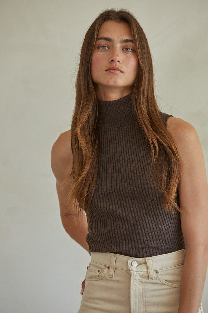 SLEEVELESS TURTLENECK KNIT TOP-DARK CHOCOLATE