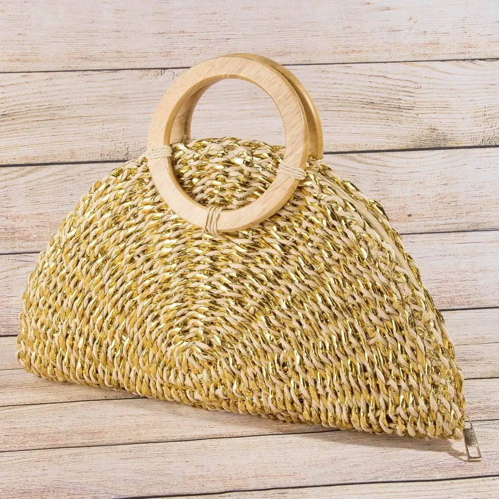 METALLIC STRAW WOVEN HALF MOON BAG-BEIGE