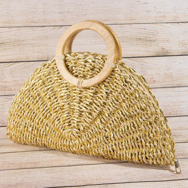 METALLIC STRAW WOVEN HALF MOON BAG-BEIGE