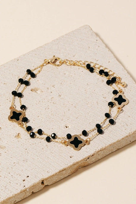 ENAMEL CLOVER AND BEAD CHARM CHAIN BRACELET-GOLD/BLACK