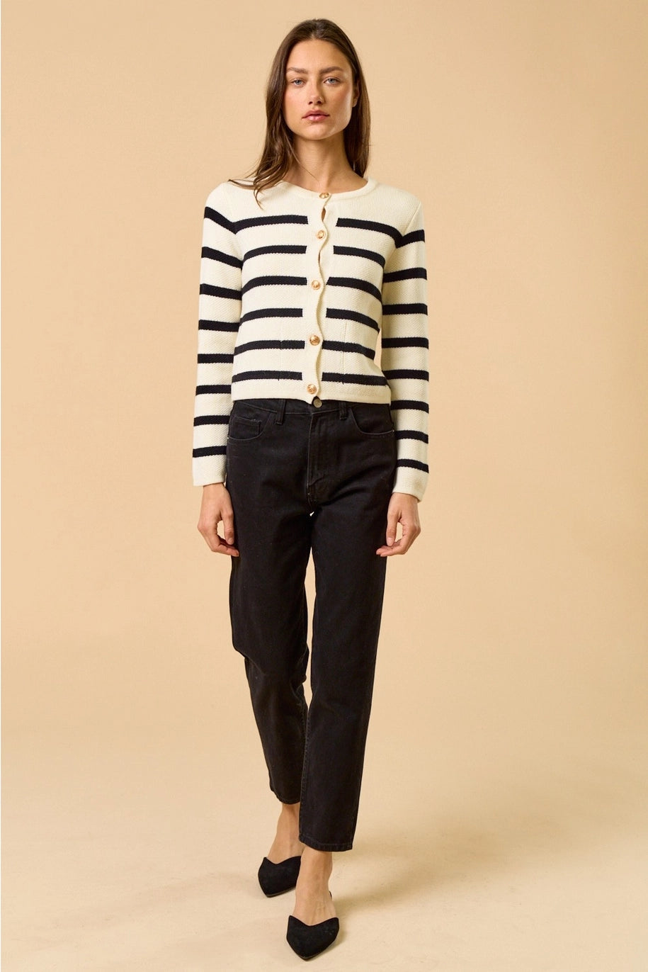 STRIPED BUTTON DOWN SWEATER-WHITE/BLACK