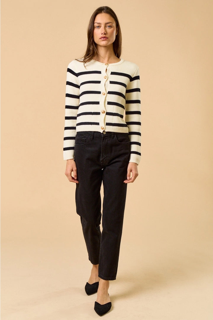 STRIPED BUTTON DOWN SWEATER-WHITE/BLACK
