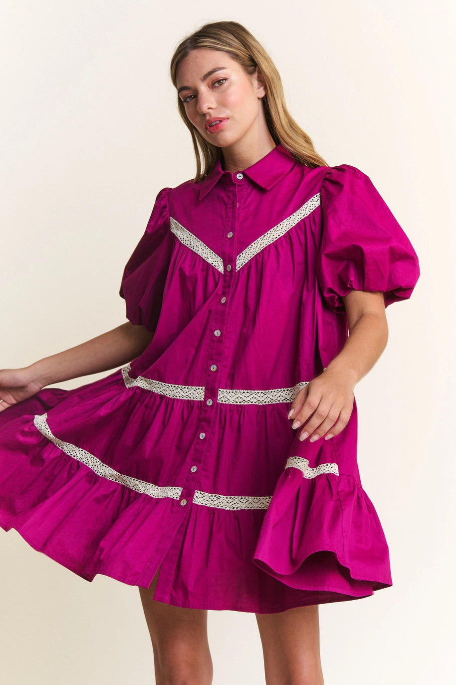 BOHO BABY DOLL MINI DRESS-MAGENTA