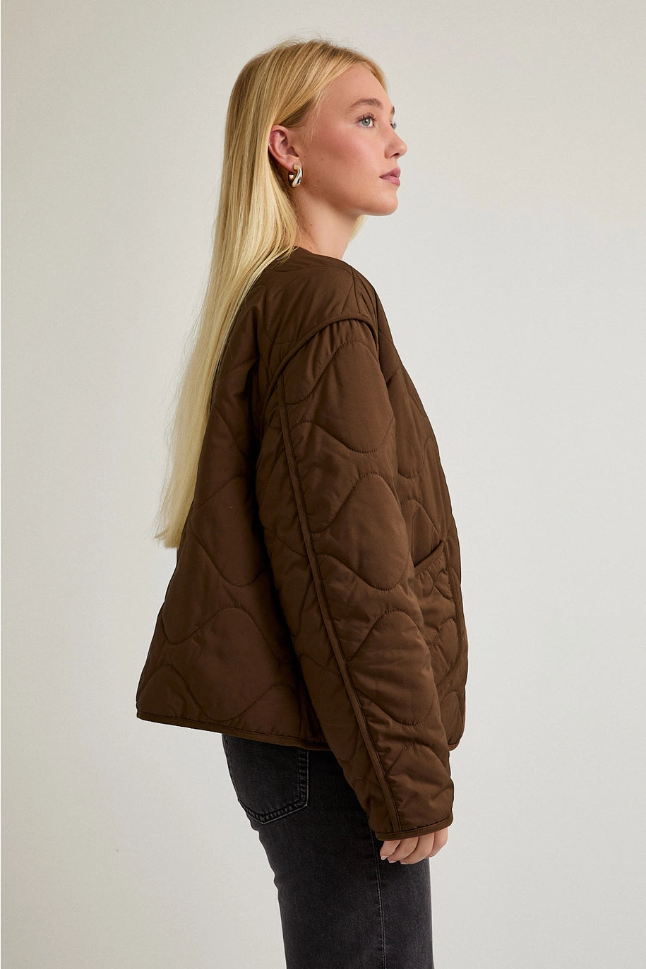 PADDED LONG SLEEVE QUILTED JACKET-DARKK BROWN