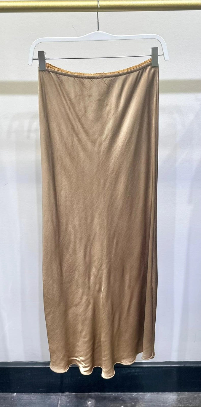 SILKY SLIP SKIRT WITH LACE WAISTBAND-CAMEL