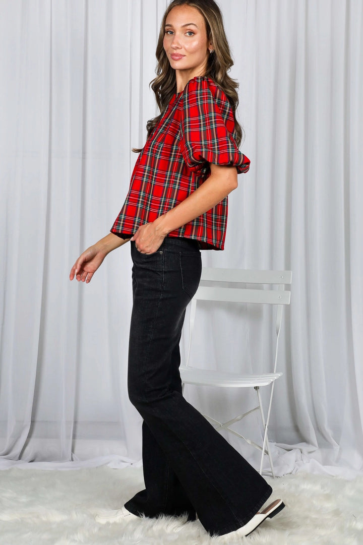 BOW ACCENT BACK PLAID BLOUSE-RED