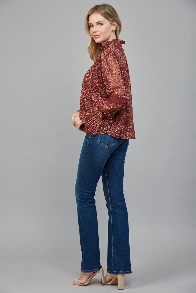 FLORAL PRINT LUREX BLOUSE-BURGUNDY/MULTI