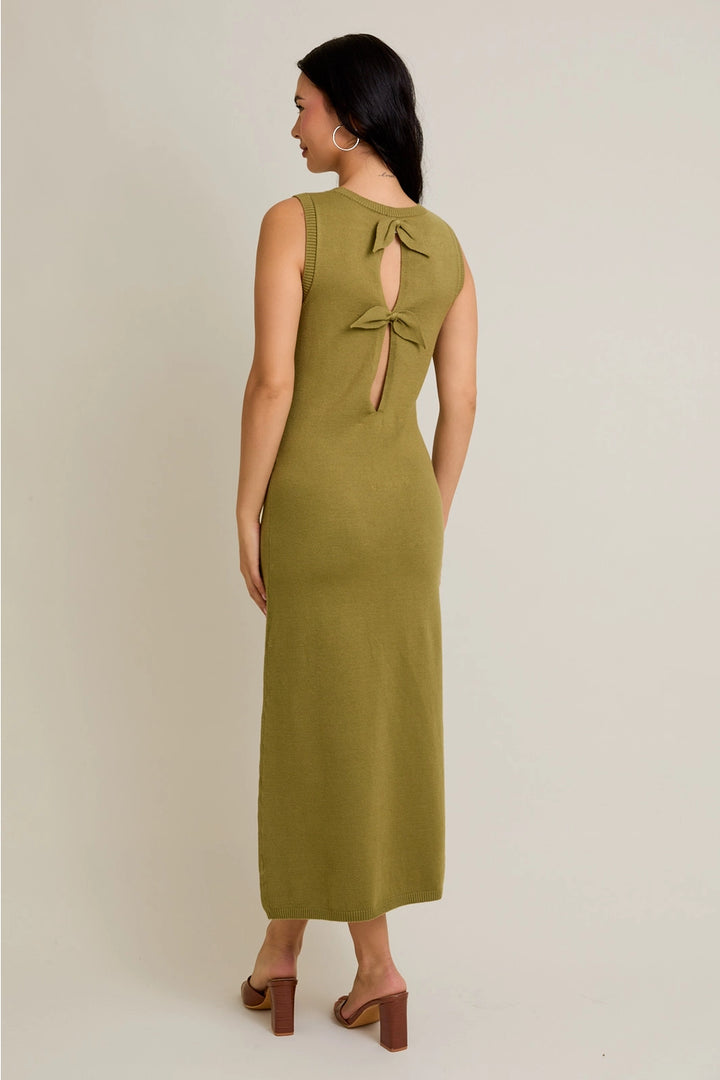 BACK TIE DETAIL SWEATER MIDI DRESS-OLIVE