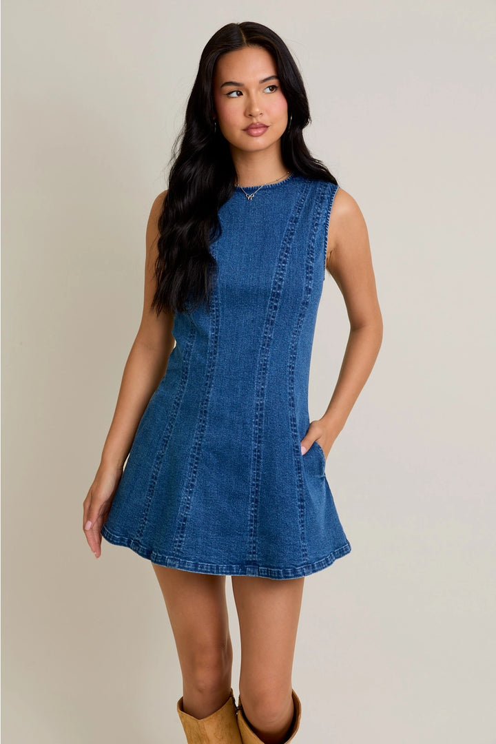 ROUND NECK SLEEVELESS DENIM MINI DRESS-DENIM