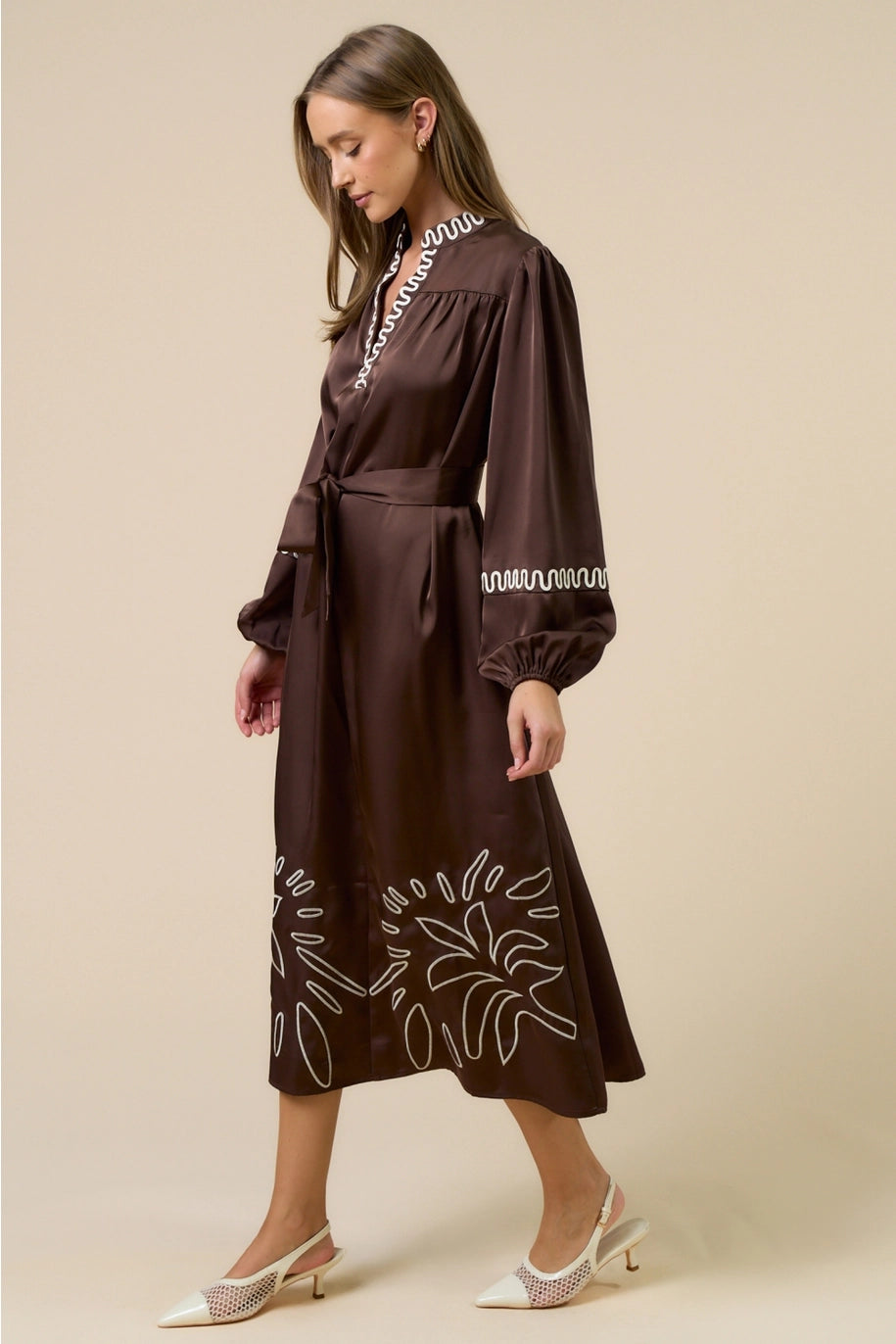 BOHO LONG SLEEVE EMBROIDERED MAXI DRESS-DARK BROWN