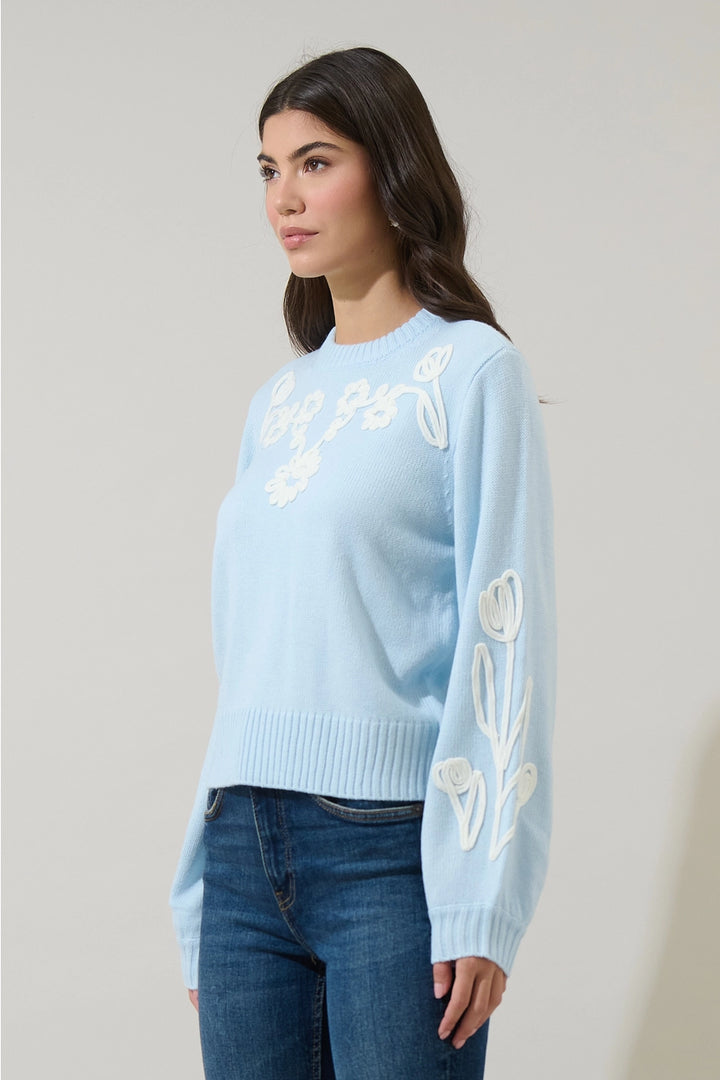 CELESTIAL FLORAL EMBROIDERED SWEATER-BLUE/IVORY