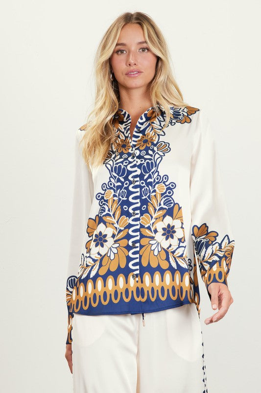 FLORAL BORDER PRINT BLOUSE-MUSTARD/NAVY