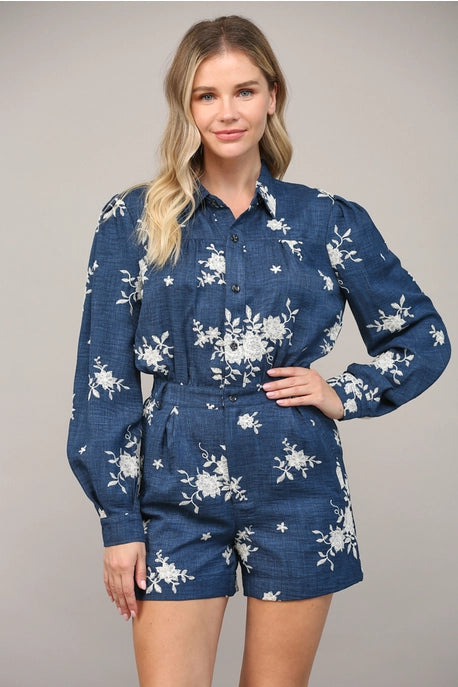 EMBROIDERED BUTTON FRONT ROMPER- NAVY