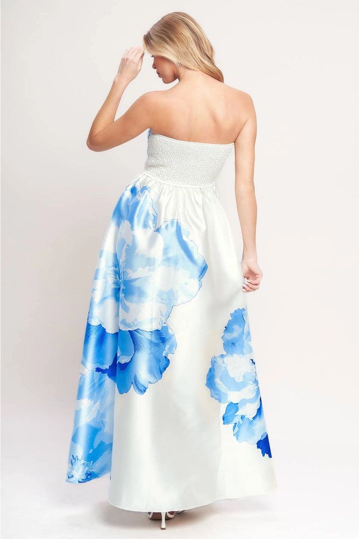 STRAPLESS FLORAL MAXI DRESS-IVORY/BLUE