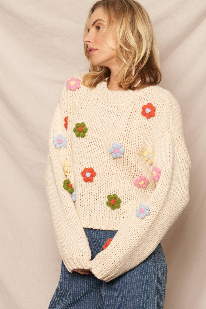 3D FLOWER KNIT SWEATER-IVORY/MULTI