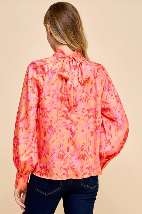 PRINTED LONG SLEEVE BLOUSE-CORAL