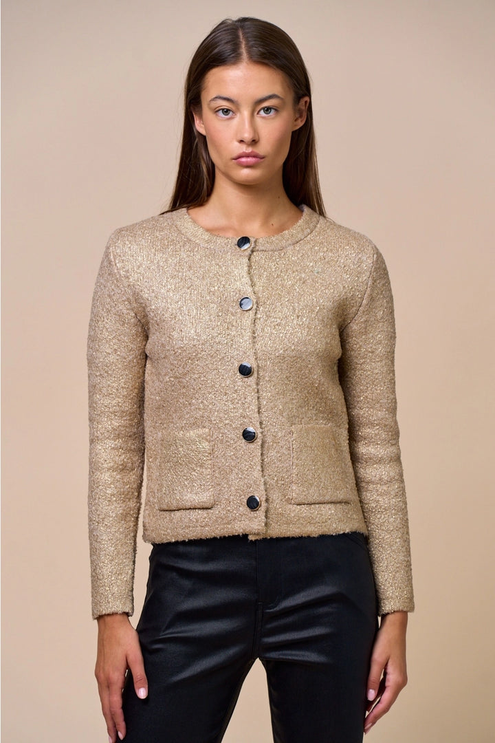 METALLIC KNIT BUTTON DOWN CARDIGAN-GOLD