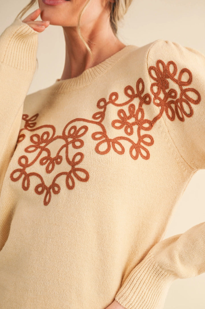 FLORAL KNIT DESIGN SWEATER-IVORY/COPPER