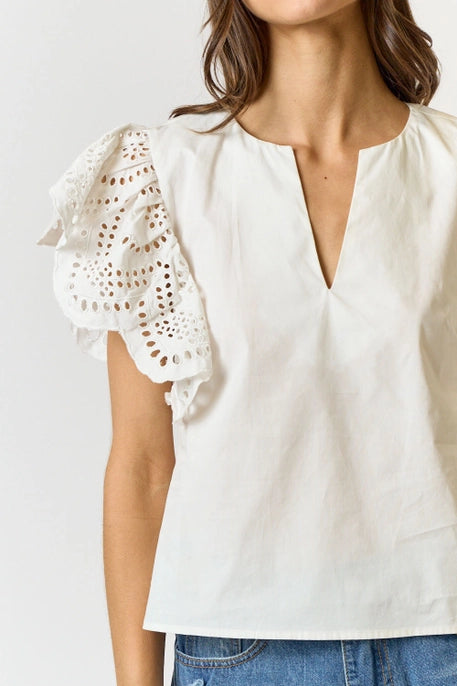 COTTON EYELET RUFFLE SLEEVE TOP-OFF WHITE