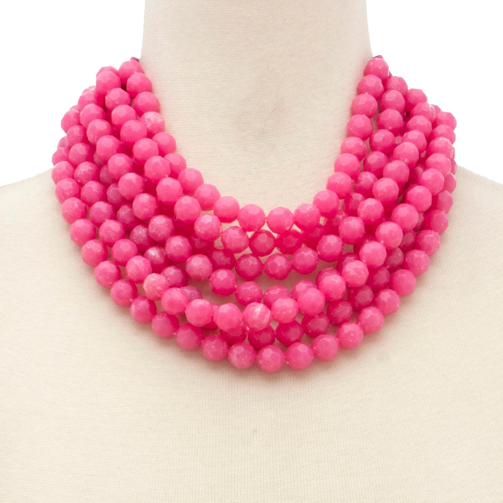 CHUNKY BEADED LAYERED NECKLACE-FUSCHIA