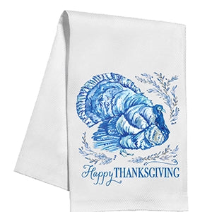 White towel with blue turkey and 'Happy Thanksgiving' text 
