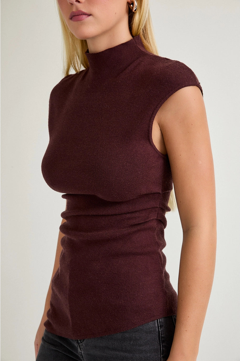 MOCK NECK SHIRRED WAIST SWEATER TOP-BROWN