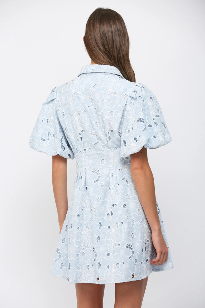 CUT OUT FLORAL LACE BUTTON DOWN MINI DRESS-BABY BLUE