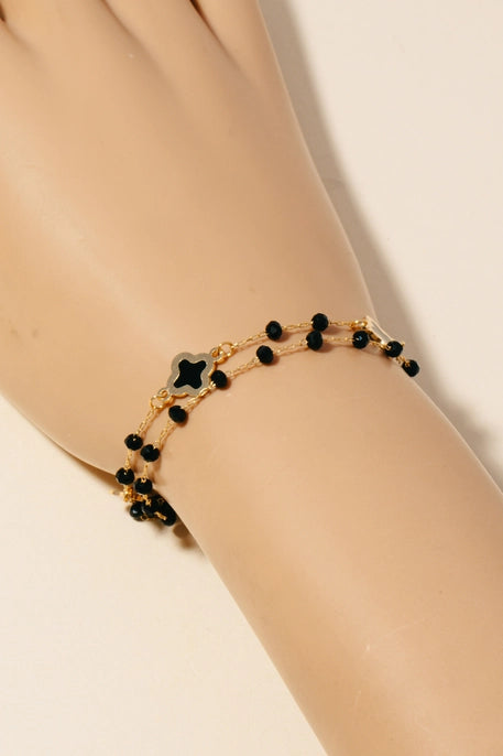 ENAMEL CLOVER AND BEAD CHARM CHAIN BRACELET-GOLD/BLACK