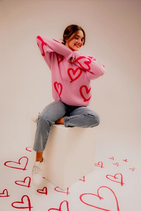 HEART PRINTED SWEATER-PINK/FUCHSIA