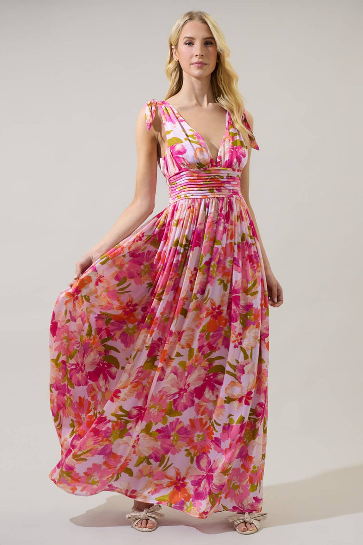 FLORAL DESCANO PLEATED MAXI DRESS-CORAL/MULTI