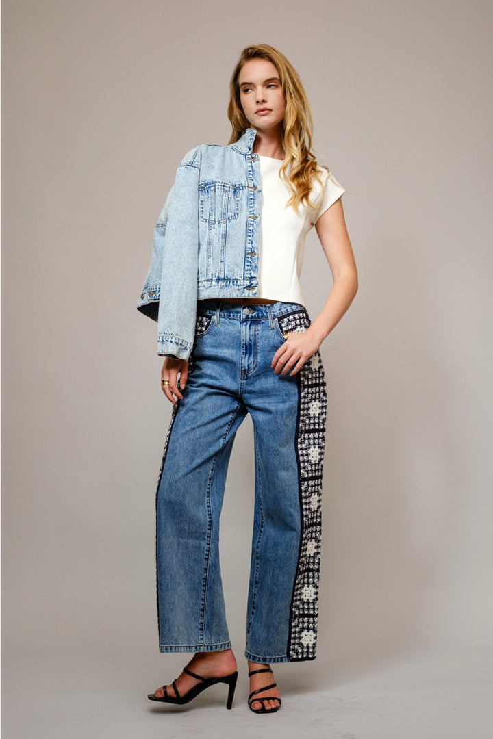 CROCHET DETAIL DENIM PANT-LIGHT WASH