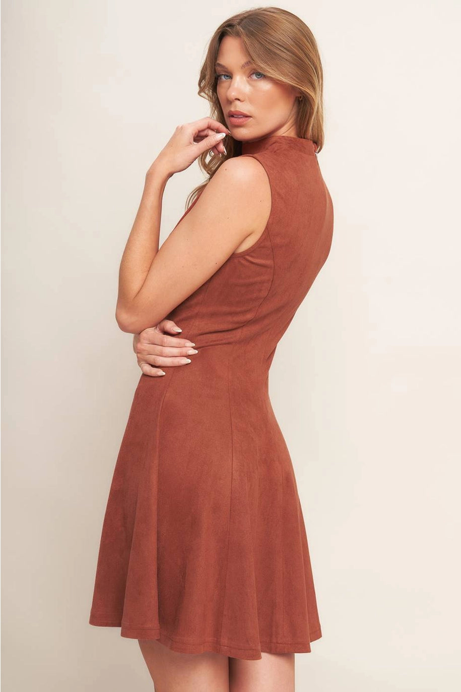 FAUX SUEDE MINI DRESS-RUST