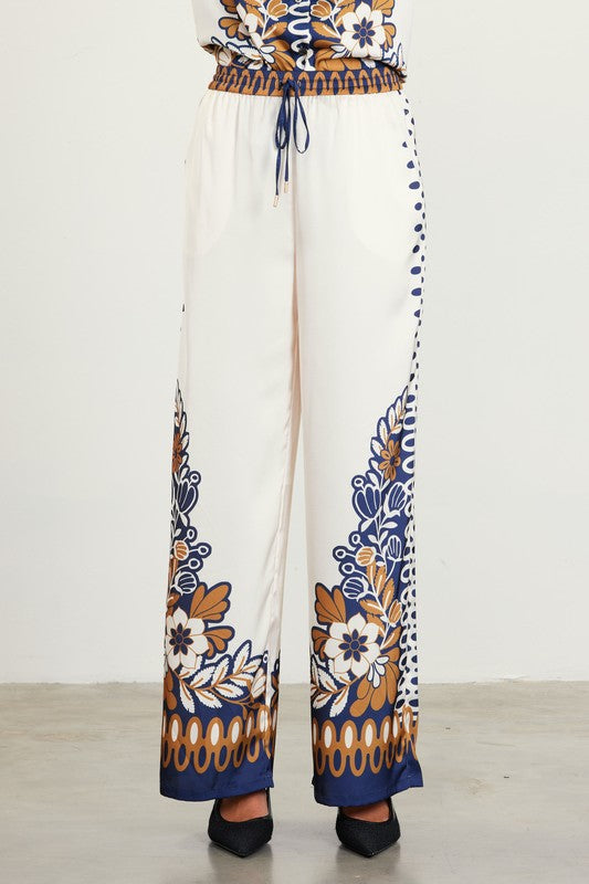 PRINTED BORDER PRINT SATIN PANT-MUSTARD/NAVY
