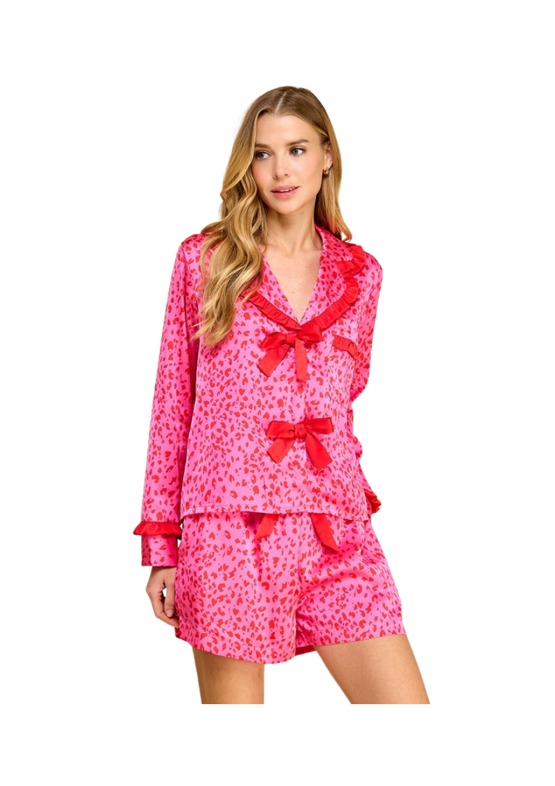 LEOPARD PRINT SATIN PJ TOP-FUSCHIA