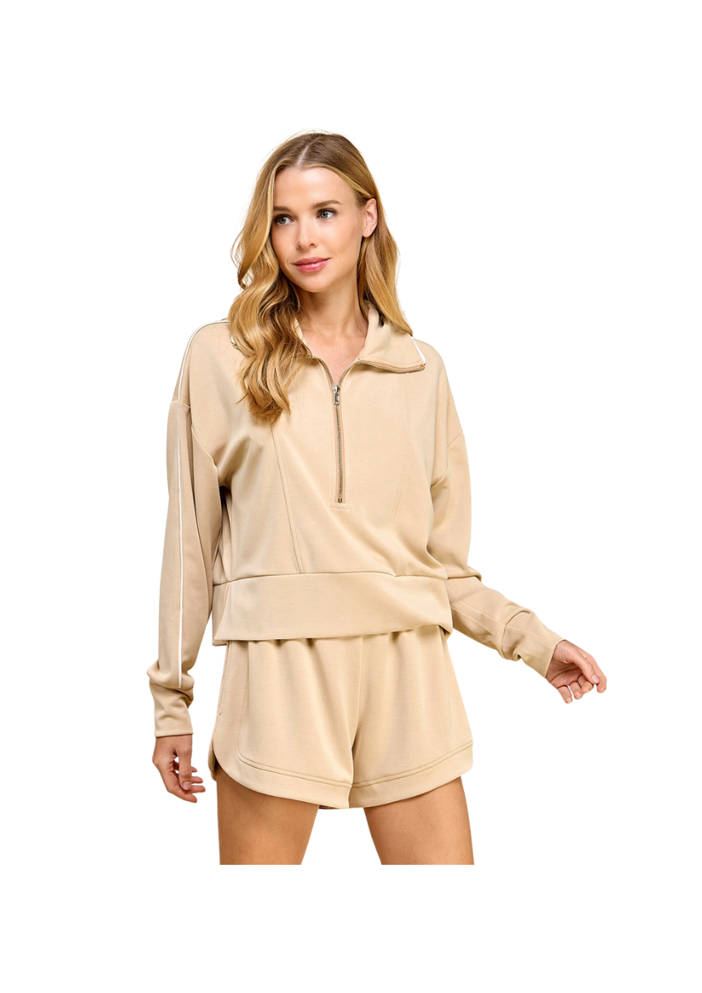 PIPPED DETAIL ZIPPERED PULLOVER SWEATER-BEIGE