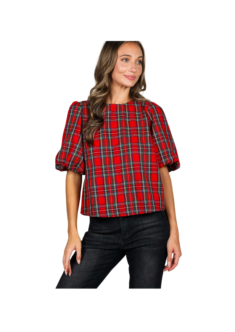 BOW ACCENT BACK PLAID BLOUSE-RED