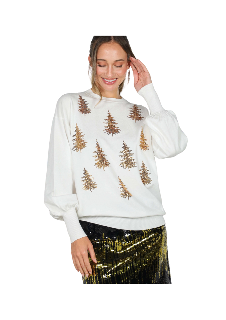 GOLD SEQUIN TREE HOLIDAY SWEATER-CREAM