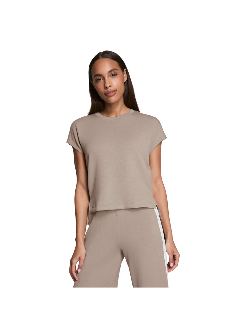 beige athleisure top with round neck and short sleeves