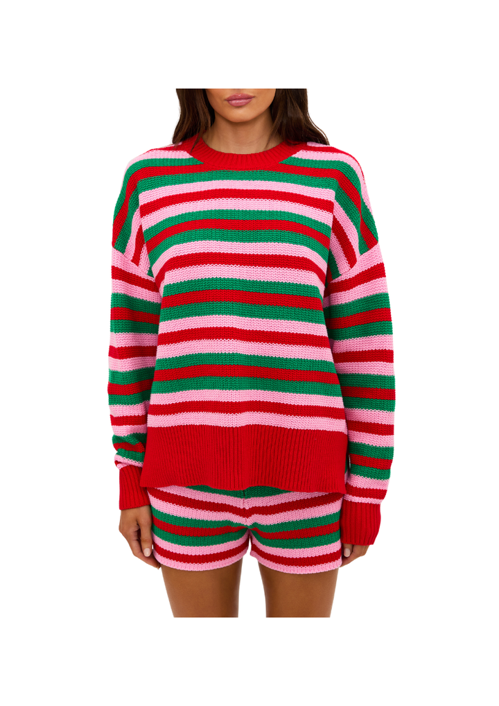 striped red green pink long sleeved knit sweater