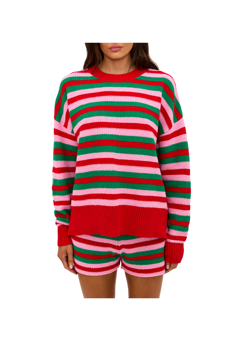 striped red green pink long sleeved knit sweater