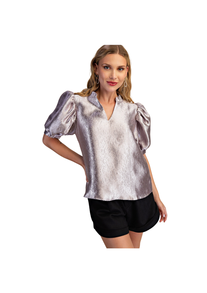 rippled silver foiled blouse with v neck ruffled collar and short puff 