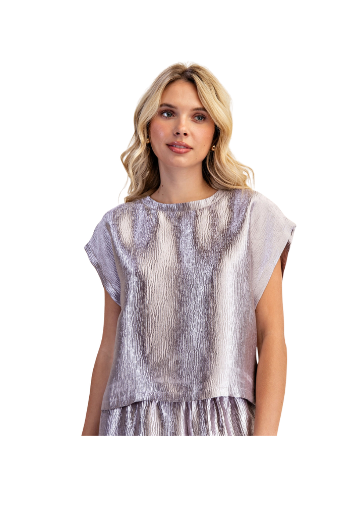 silver foiled short sleeve blouse with round neckline and slight cropping