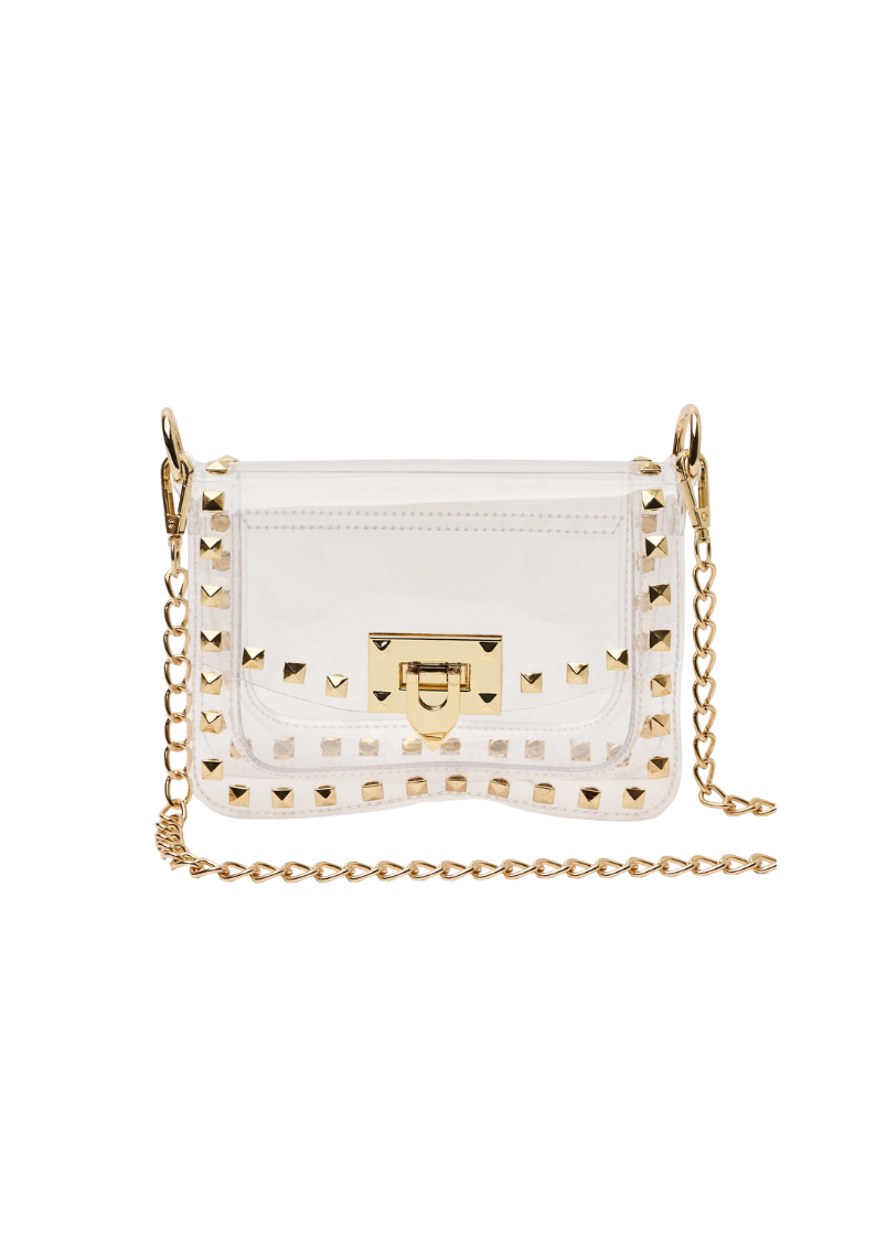 transparent handbag with gold studded details and gold chain strap 
