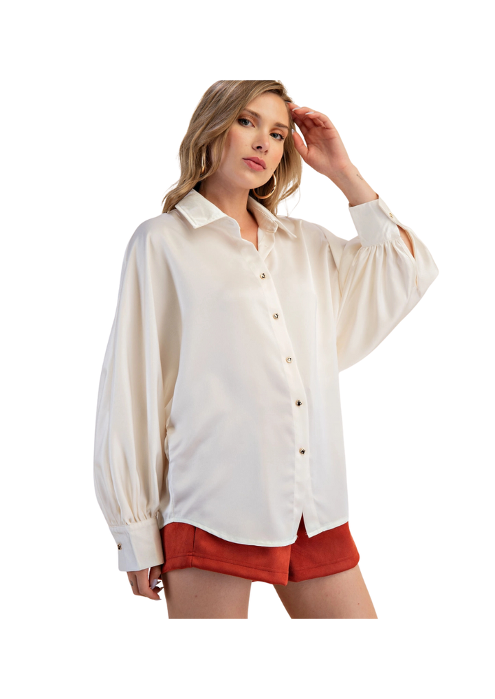 ivory satin button up long sleeve blouse with classic collar and voluminous sleeves